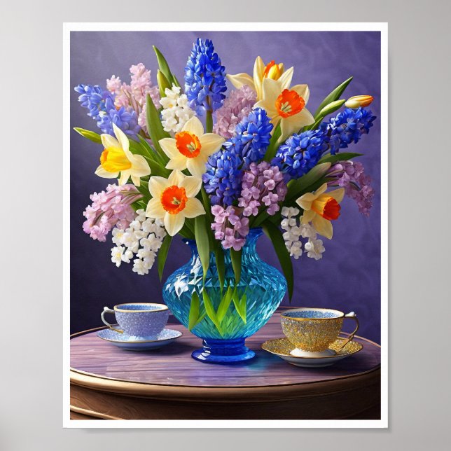 Daffodils Hyacinths Blue Glass Vas Tekopp Poster (Framsidan)