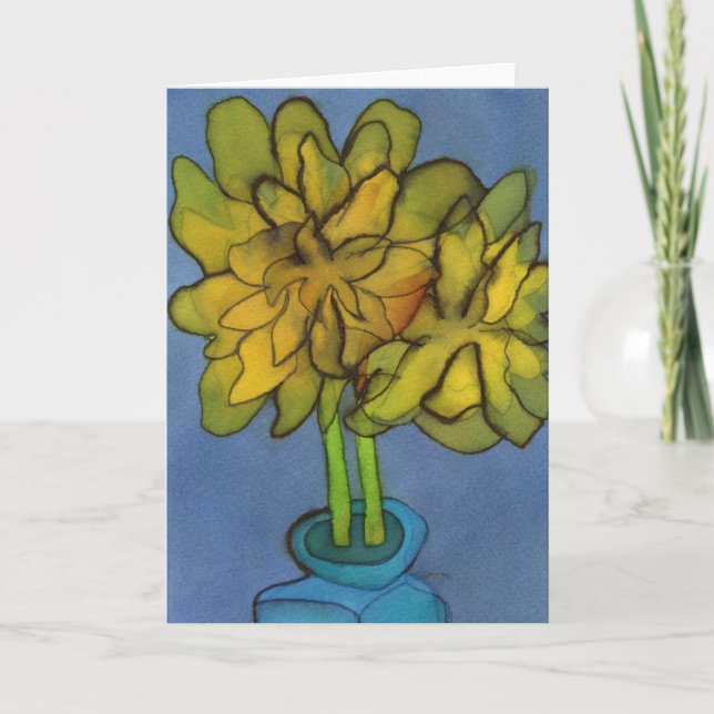 Daffodils in a Blue Vas Hälsning Card Kort (Framsida)
