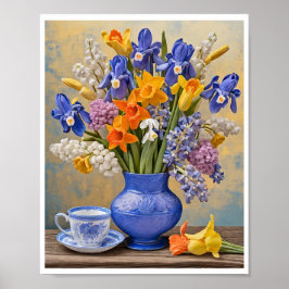 Daffodils Iris Blue Ceramic Vas Tekopp Poster