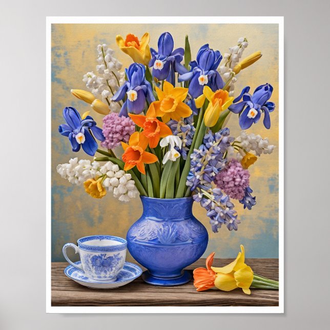 Daffodils Iris Blue Ceramic Vas Tekopp Poster (Framsidan)