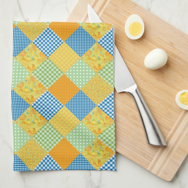 Daffodils Kitchen Towel, Land Faux-Patchwork Kökshandduk (Vikt i Fjärdedel)