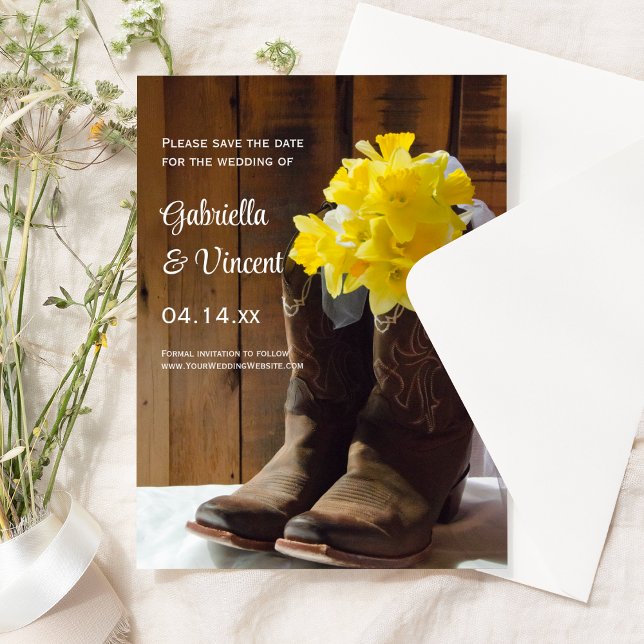 Daffodils och Cowboy Boots Bröllop spara datum Inbjudningar (Skapare uppladdad)