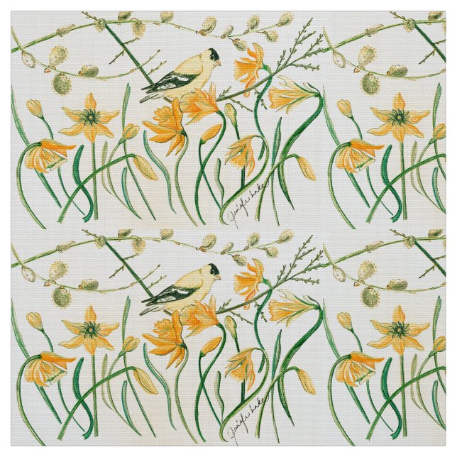 Daffodils och Goldfinches Fabric Tyg (Provkarta)