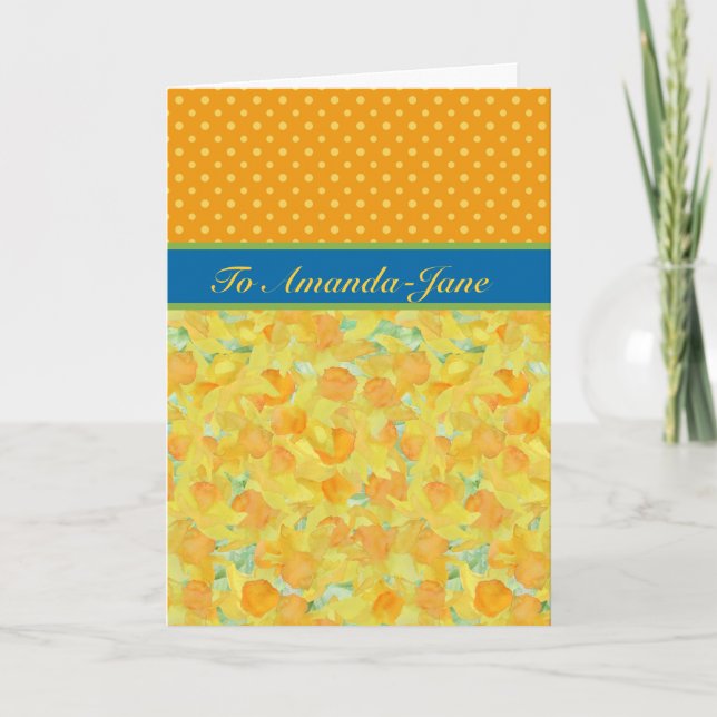 Daffodils och Polka dots, mars-födelsedag Kort (Framsida)