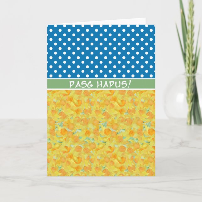 Daffodils, Polka dots Påsk Card Welsh Hälsning Helgkort (Framsida)