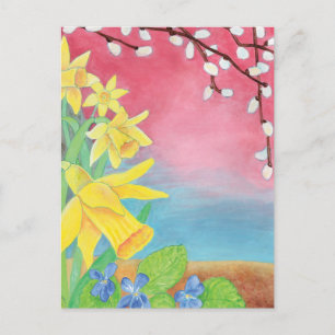Daffodils, Salix caprea och Sweet violet Vykort
