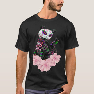 Dag Av De Döda Socker Skalle Katt Rosa Blommor T Shirt