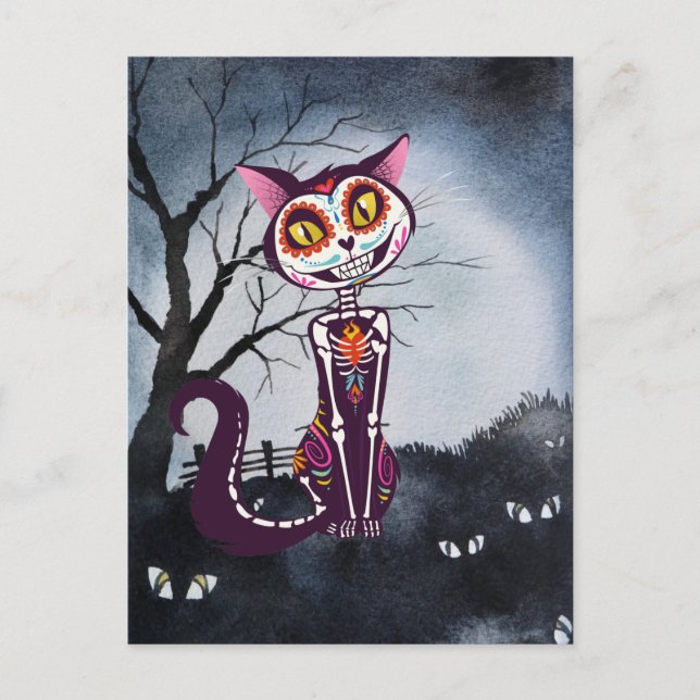 Dag av de Döda Socker Skalle Katt Vykort (Framsida)