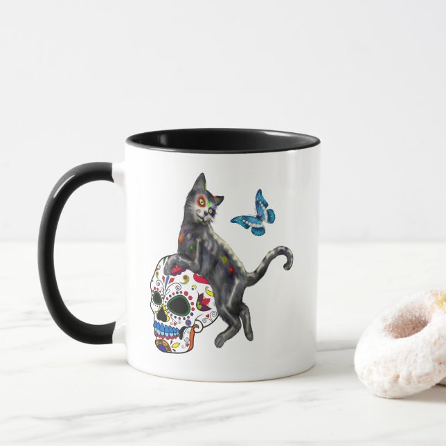 Dag Av Den Döda Katt Socker Skalle Och Fjäril Mugg (Med munk)