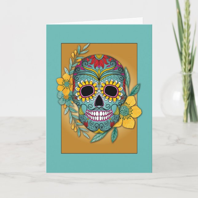 Dag för döda teal och marigoldskalle och blomma kort (Framsida)