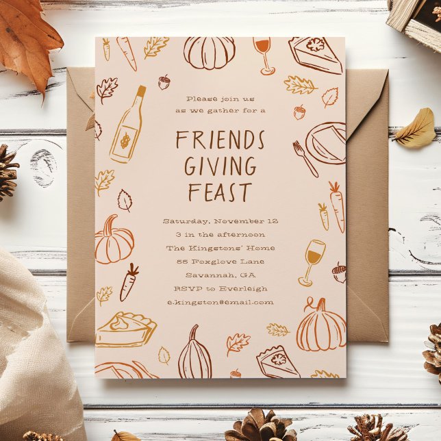 Dag för grym fallskärm, friendsgiving inbjudningar (whimsical pumpkin and fall leaves doodles Friendsgiving invitation)