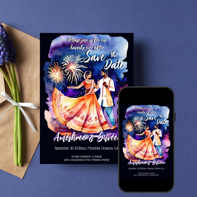Dag för spara av fyrverkeripjäser i indiska bröllo inbjudningar (Indian wedding save the date template invitation dancing Indian bridal couple fireworks modern )