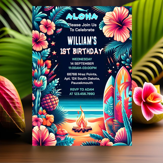 Dag Joy hula Luau-Surfan Aloha Hawaiian 1:a födels Inbjudningar (Skapare uppladdad)