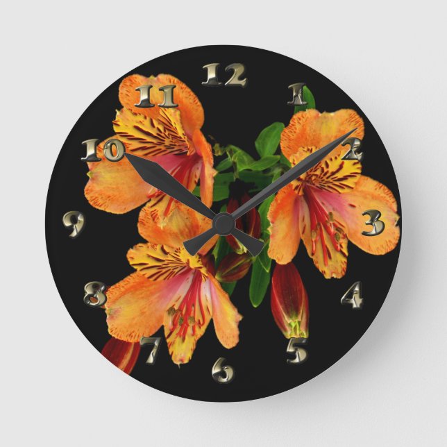 Dag Lilies - Orange Blooming Petals Feather Rund Klocka (Framsida)