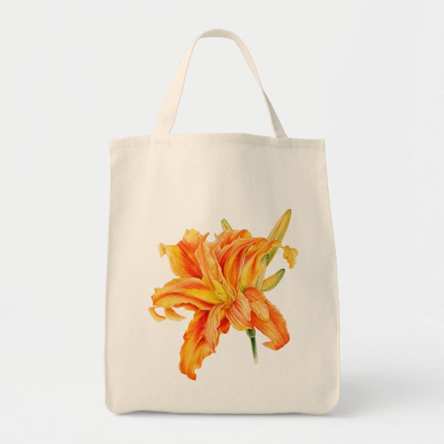 Dag Lily bra art orange och grönt blomsäck Tygkasse (Framsidan)