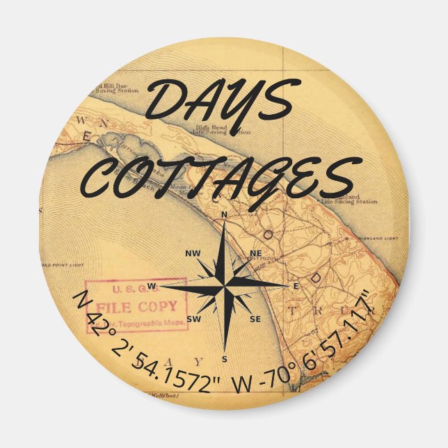 Dagar Cottages Karta med Coordinates Magnet (Framsidan)