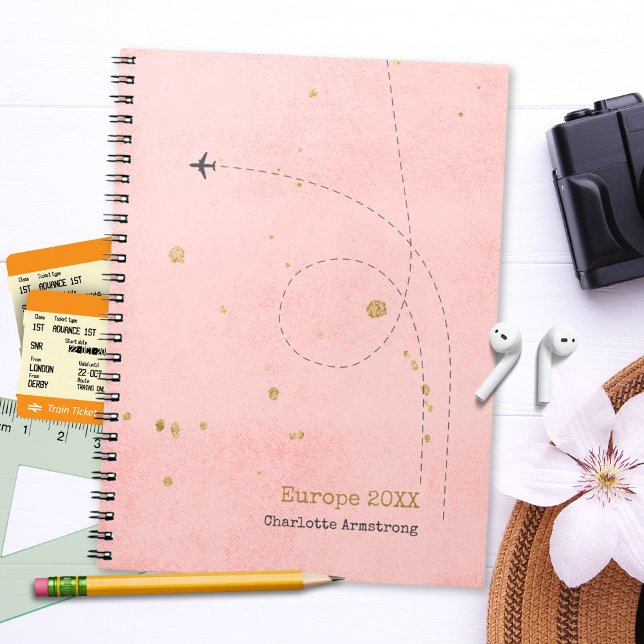 Dagbok för resor till det moderna Rosa Guld-flygpl Anteckningsbok (Modern Pink Gold Airplane Name Travel Diary Notebook ©Susanne Sachers - Sunny Wanderlust 🌞✈️)