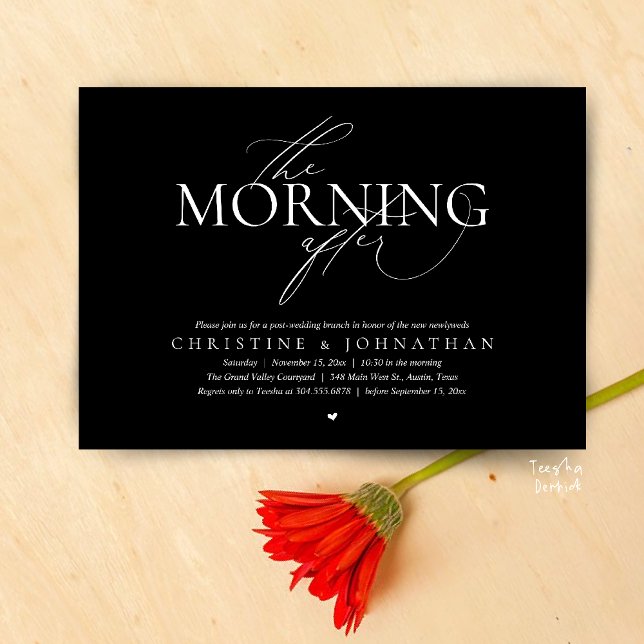Dagen efter, Brunch efter bröllopet Elopement Inbjudningar (The Morning After, Post Wedding Brunch Elopement Invitation Card in warm contemporary Black White)