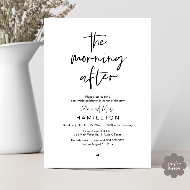Dagen efter, Brunch efter bröllopet Inbjudningar (The Morning After, Post Wedding Brunch Elopement Modern Casual Invites Card PDF in Black White)