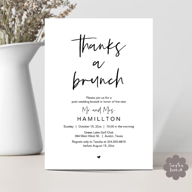 Dagen efter, Brunch efter bröllopet Inbjudningar (Thanks a Brunch, The Morning After, Post Wedding Invitation Card  PDF Black White)