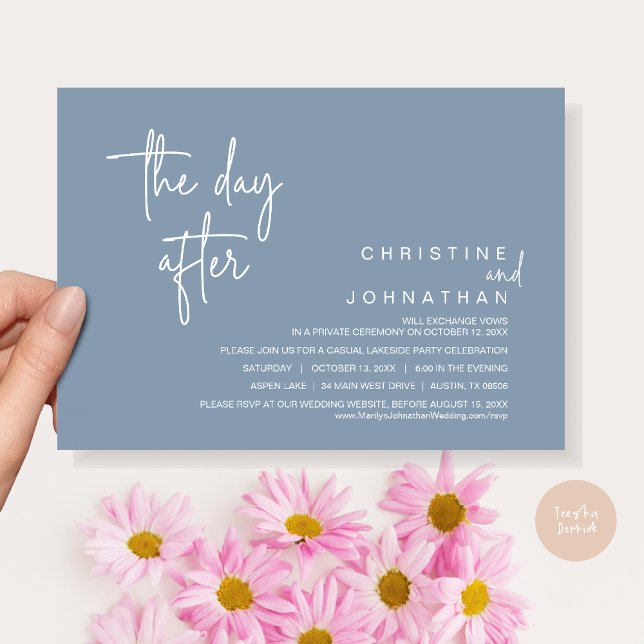 Dagen efter, efter Bröllopsfest, Dusty Blue Inbjudningar (The Day After, Modern Post Wedding Party Invitation Card, PDF, in Dusty Blue)