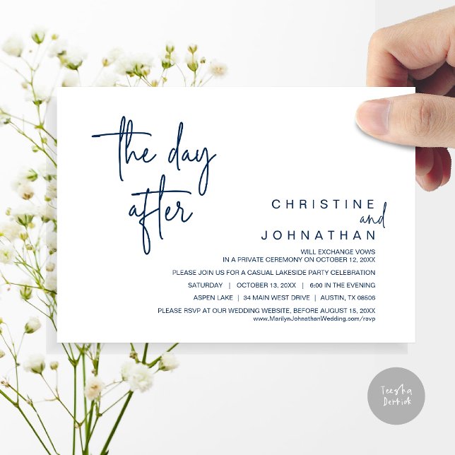 Dagen efter, Elopement Party efter Bröllop, flotta Inbjudningar (The Day After, Modern Post Wedding Party Invitation Card, PDF, in Navy blue)