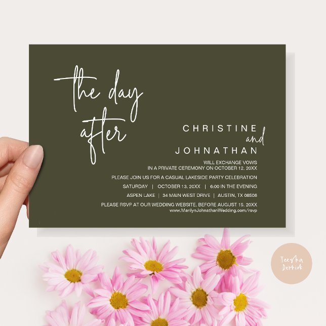 Dagen efter, Elopement Party efter Bröllop, Olive Inbjudningar (The Day After, Modern Post Wedding Party Invitation Card, PDF, in Olive green)