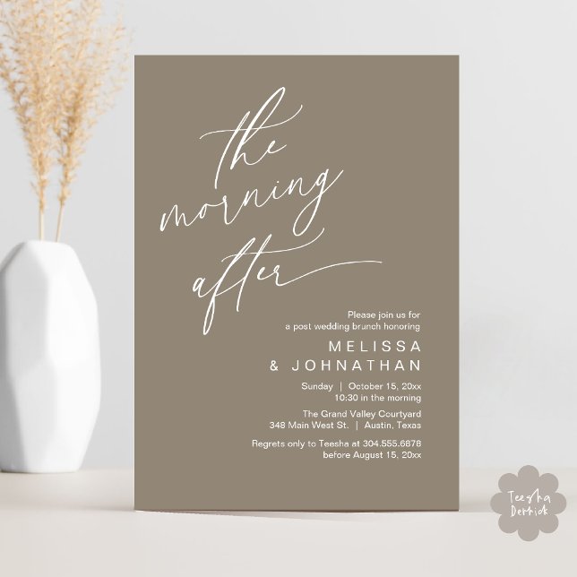 Dagen efter, lyckliga för alltid Brunch Inbjudningar (The Morning After Modern Romantic Post Wedding Elopement Brunch Invitation Card PDF in Taupe Brown)