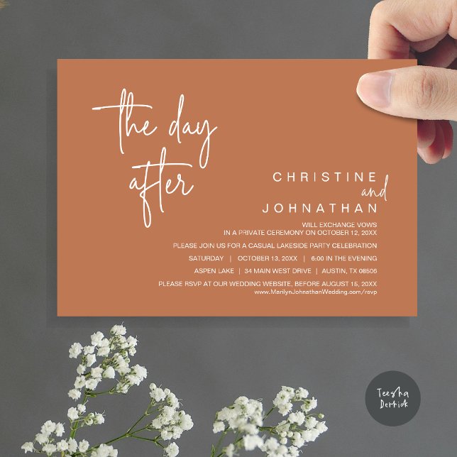 Dagen efter, Party koppar från Elopement efter Brö Inbjudningar (The Day After, Modern Post Wedding Party Invitation Card, PDF, in Copper Rust)