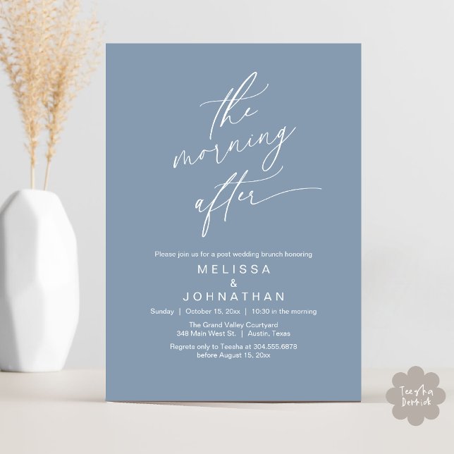 Dagen efter, romantisk efterbröllopsbrunch inbjudningar (The Morning After Modern Romantic Post Wedding Elopement Brunch Invitation Card PDF in Dusty Blue)