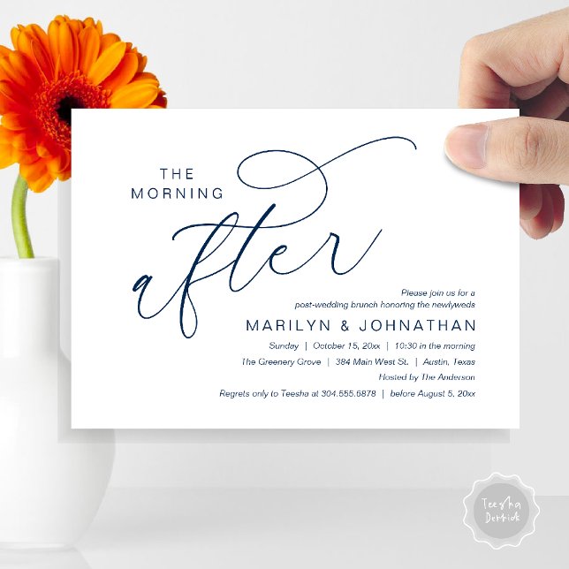Dagen efter, tack för postwedding brunch inbjudningar (The Morning After, Post Wedding Brunch Appreciate Thank You Invitation Card PDF Navy Blue)