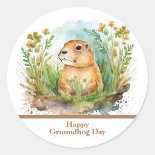 Dagen för den vita vattenfärgen Lycklig Groundhog Runt Klistermärke