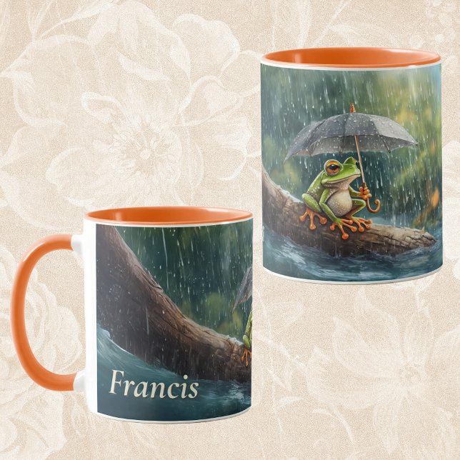 Dagen för gryning av korvmakare från Namn Mugg (Whimsical Woodland Cottagecore Frog Rainy Day Aesthetic Custom name coffee mug teacher gift)