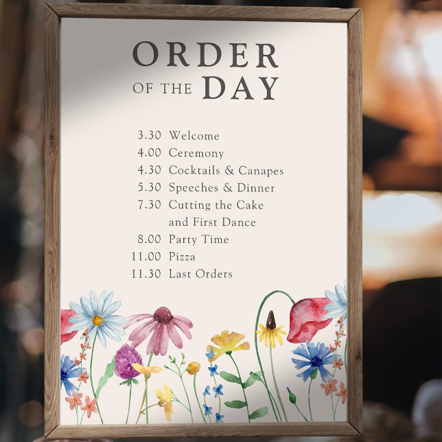 Dagen för Wildbloms Land Blommigt Bröllop beställn Poster (Order of the Day wedding sign template for you customize for your big day)