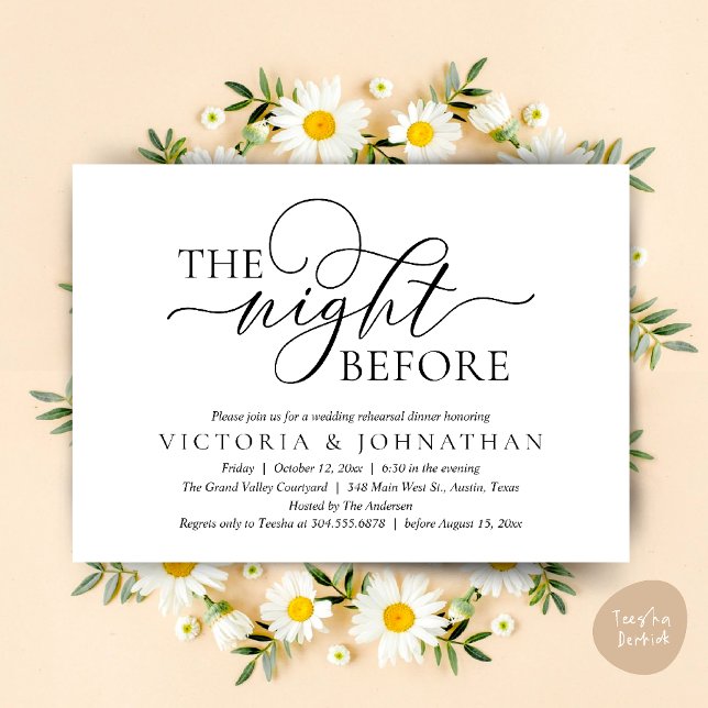 Dagen före, Bröllopsrepetition Middag Fest Inbjudningar (The Night Before, Wedding Rehearsal Dinner Party Classy Romantic Invitation Card PDF Black White)