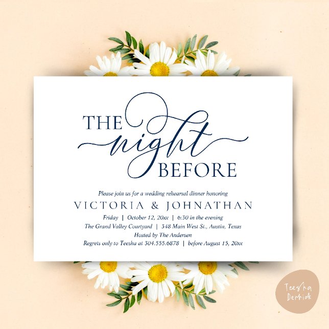 Dagen före, Bröllopsrepetition Middag fest Inbjudningar (The Night Before, Wedding Rehearsal Dinner Party Classy Romantic Invitation Card PDF Navy Blue)