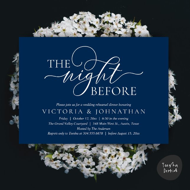 Dagen före, Bröllopsrepetition Middag Fest Inbjudningar (The Night Before, Wedding Rehearsal Dinner Party Classy Romantic Invitation Card PDF Navy Blue)