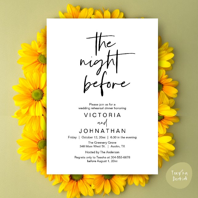 Dagen före, Bröllopsrepetition Middag Fest Inbjudningar (The Night Before, Wedding Rehearsal Dinner Party Invites Card PDF Romantic Modern Casual Black White)