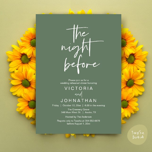 Dagen före, Bröllopsrepetition Middag Fest Inbjudningar (The Night Before, Wedding Rehearsal Dinner Party Invites Card PDF Romantic Modern Casual Sage Green)