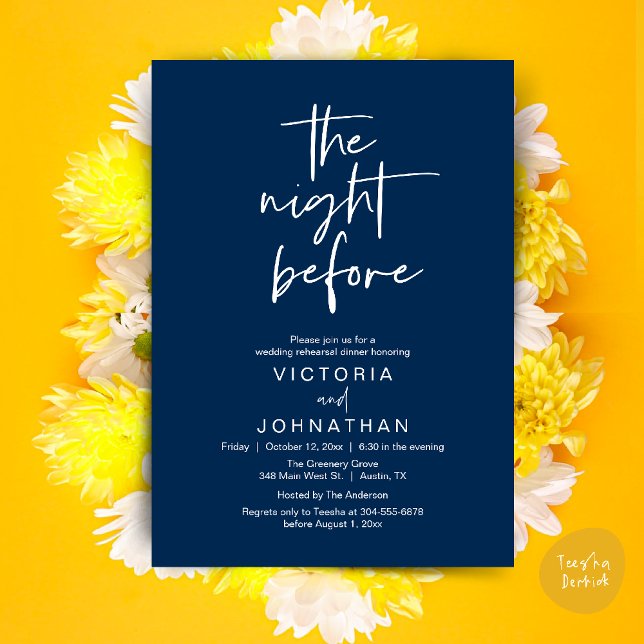 Dagen före, Bröllopsrepetition Middag Fest Inbjudningar (The Night Before, Wedding Rehearsal Dinner Party Invites Card PDF Romantic Modern Casual Navy Blue)