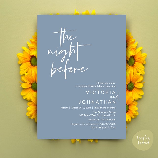 Dagen före, Bröllopsrepetition Middag Inbjudningar (The Night Before, Wedding Rehearsal Dinner Party Invites Card PDF Romantic Modern Casual Dusty Blue)