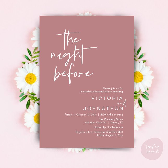 Dagen före, Bröllopsrepetition Middag Inbjudningar (The Night Before, Wedding Rehearsal Dinner Party Invites Card PDF Romantic Modern Casual Dusty Rose)