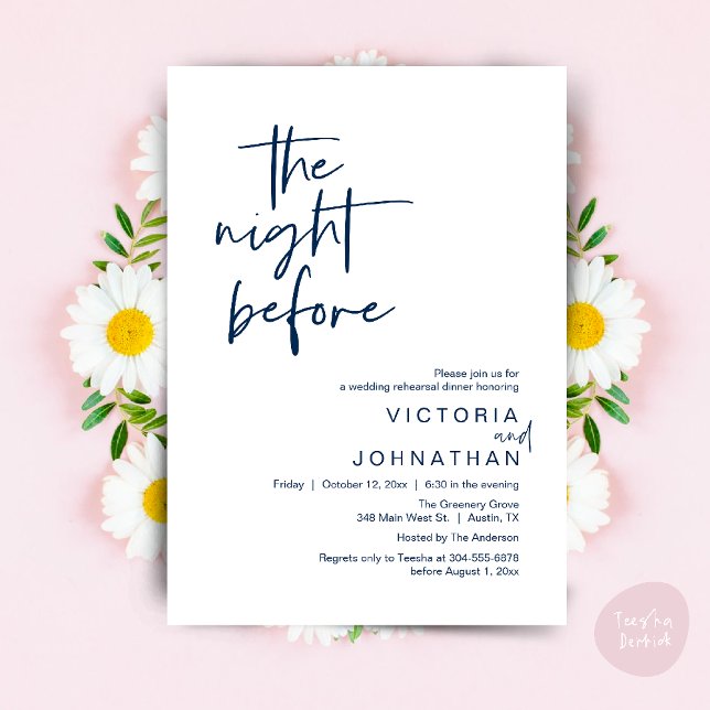 Dagen före, Bröllopsrepetition Middag Inbjudningar (The Night Before, Wedding Rehearsal Dinner Party Invites Card PDF Romantic Modern Casual Navy Blue)