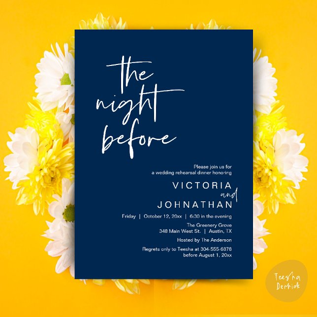 Dagen före, Bröllopsrepetition Middag Inbjudningar (The Night Before, Wedding Rehearsal Dinner Party Invites Card PDF Romantic Modern Casual Navy Blue)