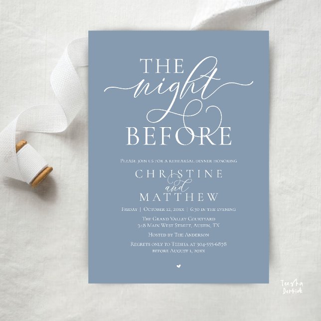 Dagen före, Klassfest för bröllopsrepetition Inbjudningar (The Night Before, Classy Wedding Rehearsal Dinner Invitation Card in Dusty Blue)