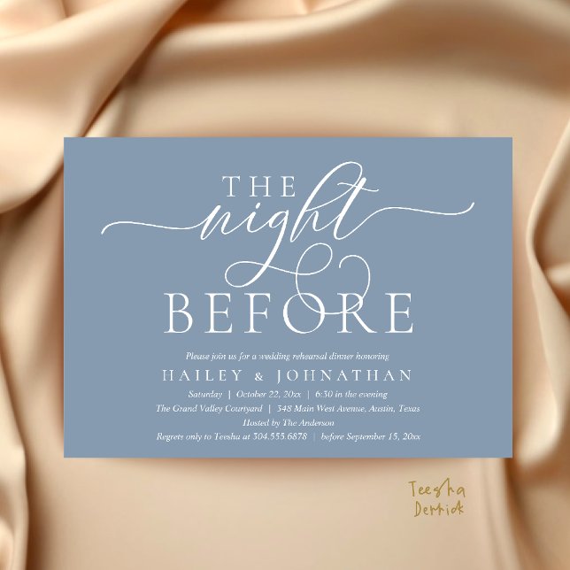 Dagen före, Klassisk middag för bröllopsrepetition Inbjudningar (The Night Before, Classy Wedding Rehearsal Dinner Invitation Card in Dusty Blue)