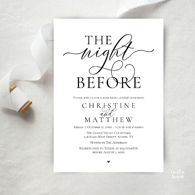 Dagen före, Klassisk övningsmiddag för bröllop Inbjudningar (The Night Before, Classy Wedding Rehearsal Dinner Invitation Card in Black and White)