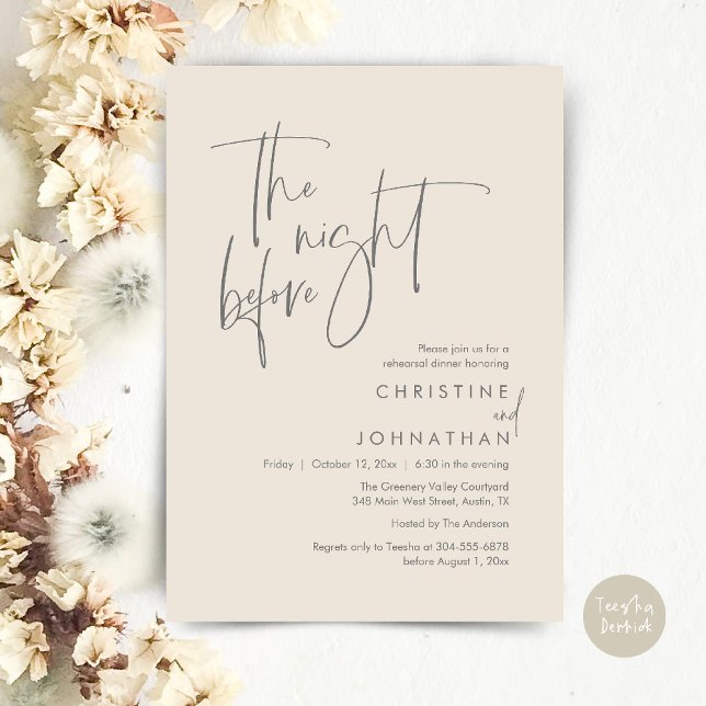 Dagen före, Modern avslappnad middag för repetitio Inbjudningar (The Night Before, Modern Wedding Rehearsal Dinner Invitation Card in Cream Grey)