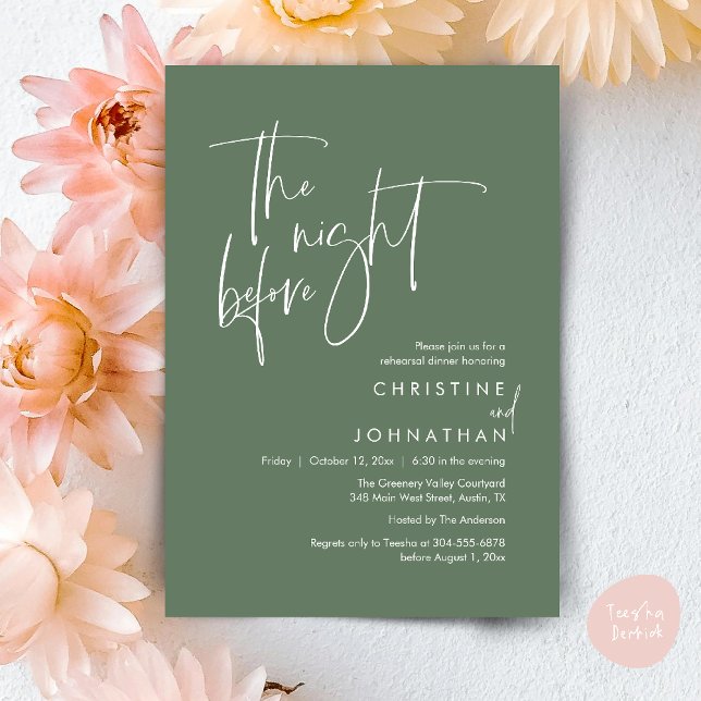 Dagen före, Modern avslappnad repetition middag Inbjudningar (The Night Before, Modern Wedding Rehearsal Dinner Invitation Card in Sage Green)