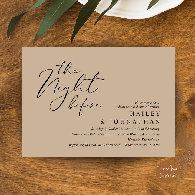 Dagen före, modern bröllopsrepetition middag inbjudningar (The Night Before, Modern Romantic Wedding Rehearsal Dinner Invite Card in Brown Tan)
